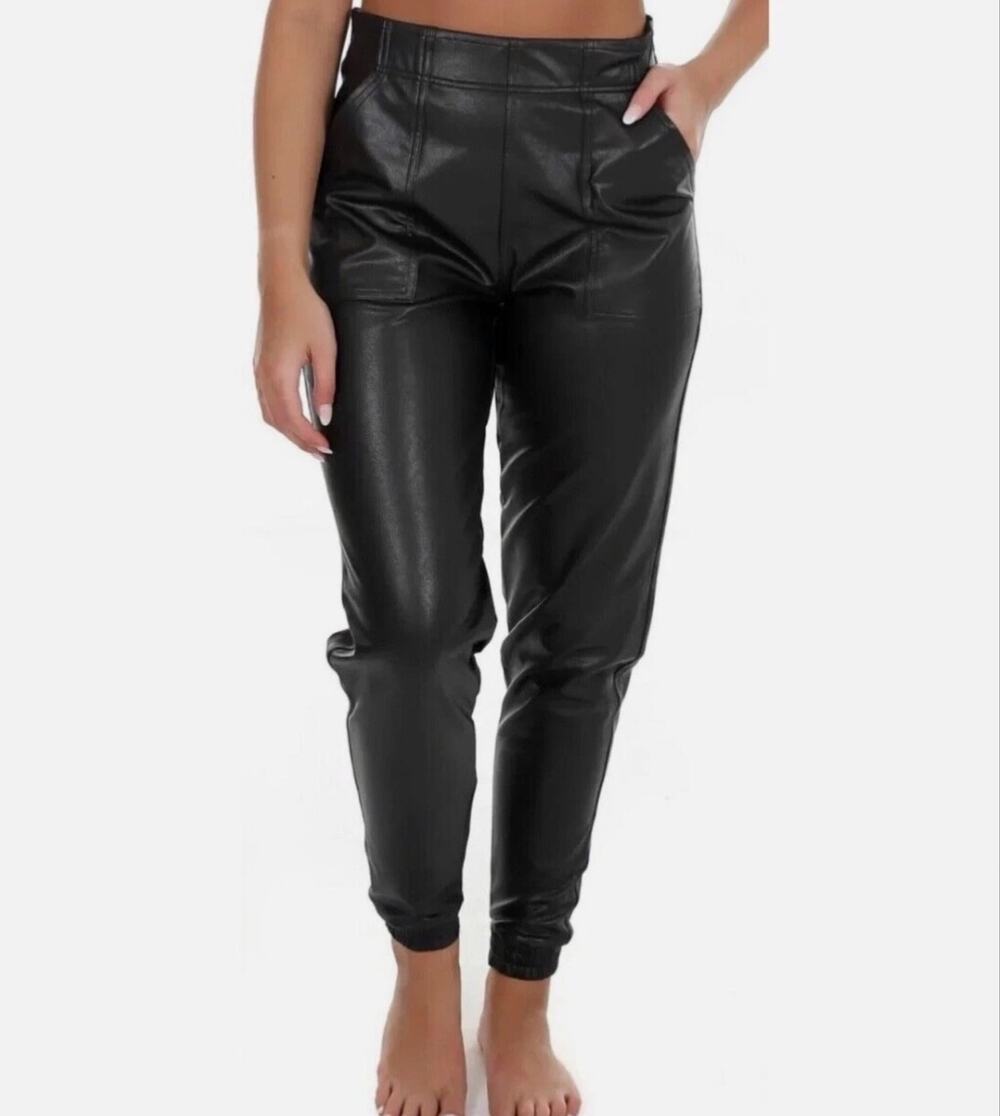 SPANX Women’s Leather Like Joggers 20283R Black Pockets Pull On Size S *EUC